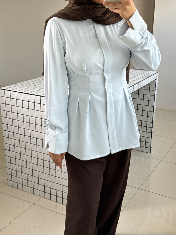 شومیز آبی نگین دار